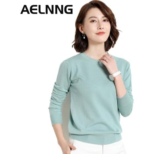 AELNNG Brand Autumn Winter Womens Knitted Sweater Long Sleeve Round Neck Base Warm Pullover Casual Loose Tops