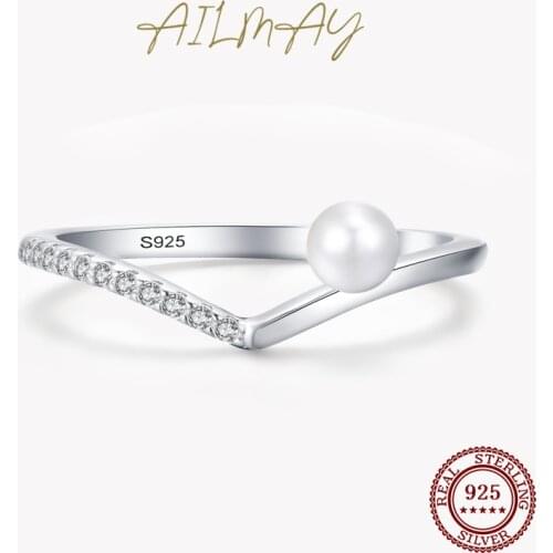 Ailmay Authentic 925 Sterling Silver Elegant Simple Cubic Zirconia & Pearl Water Drop Rings For Women Wedding Engagement Jewelry