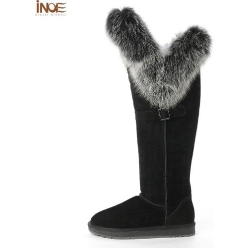INOE Real Fox Fur Sheepskin Suede Leather Wool Natural Sheep Fur Lined Women Fashion Long High Winter Snow Boots Waterproof