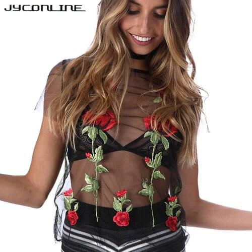 JYConline 2017 Summer Mesh Tops Sexy Embroidery Floral Blouse Shirts Women Transparent Blusas Short Sleeve Sexy Shirt Tops Femme