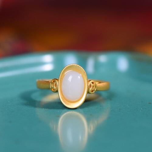 S925 Sterling Silver Coin Ring Inlaid Natural Hetian Jade White Jade round Egg Surface Small Yuanbao Ring Vintage Ornament for W