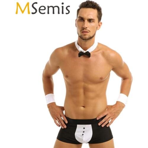Mens Servant Sex Cosplay Costumes Hot Erotic Maid Waiter Tuxedo Lingerie Set Sexy Boxer Briefs Underwear+Bow Tie Collar Bracelet