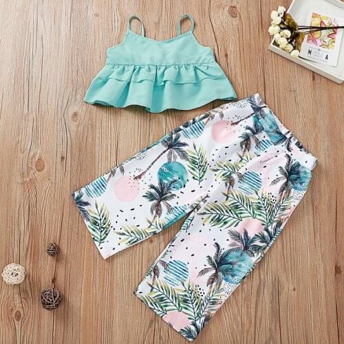 Summer Girls Set Children Suit Ruffles Girls Vest + Floral Pants 2PCS Sets for Kids Fashion Girls Clothing Set