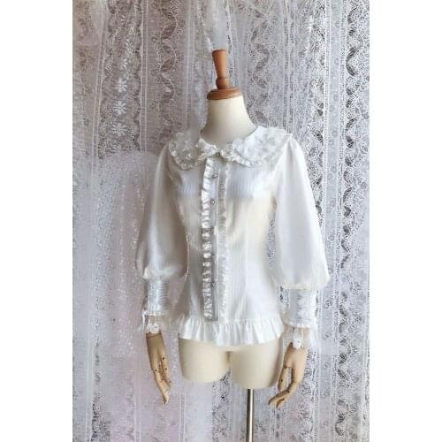 Lolita Shirts Long Sleeve Lace Pleated White Cute Peter Pan Collar Lolita Top