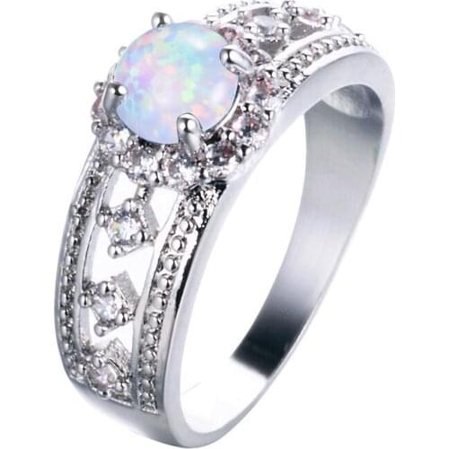 Cute Female Small Round Engagement Ring Boho White Blue Fire Opal Ring Jewelry Vintage Wedding Rings For Women