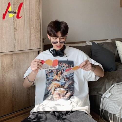 MANVALUE Summer Mens Letters & Beauty Printing Short Sleeve Tees Cotton Soft Comfortable Loose Type T-Shirts