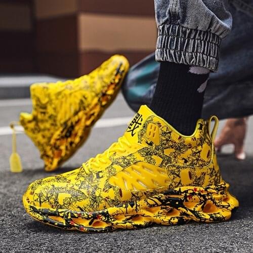 Mens Blade Shoes Yellow Graffiti Sports Casual Shoes Lightweight Breathable Sneakers Men Outdoor Platform Mens Knitting Shoes