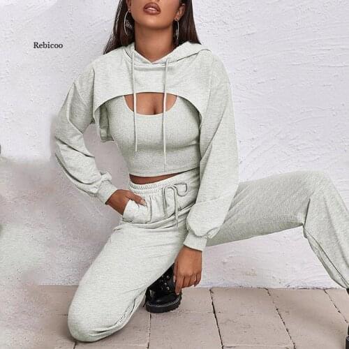 New Women 3 Piece Set Tracksuit Solid Sport Causal Long Sleeve Crop Hooded Top and Camis and Pants Female Sportswear Set Autumn