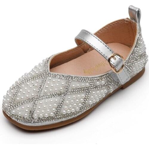 Girls Shoes Children Princess Flats 2021 Spring Autumn New Pearls Beaded Fashion Sweet Kids Leather Shoes for Wedding Rhombic