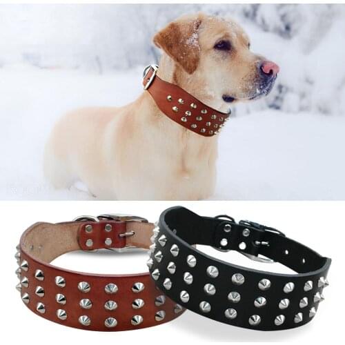 Cool Rivets Studded Best Genuine Leather Pet Dog Collars For Small Medium Large Dogs Black Brown Boxer Bulldog Pitbull XS S M L