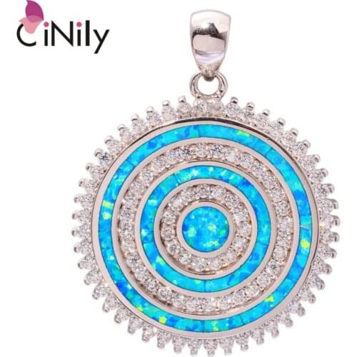 CiNily Created Blue Fire Opal Cubic Zirconia Silver Plated Pendants Wholesale Party for Women Jewelry AAA Pendant 1 1/2" OD5979