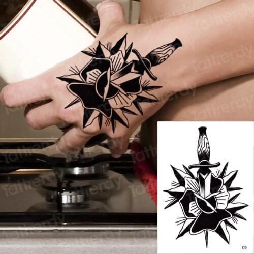 Hand tattoo rose knife mens fake tattoo black henna stickers for hand rose tattoo indian halloween waterproof tatoo finger decal