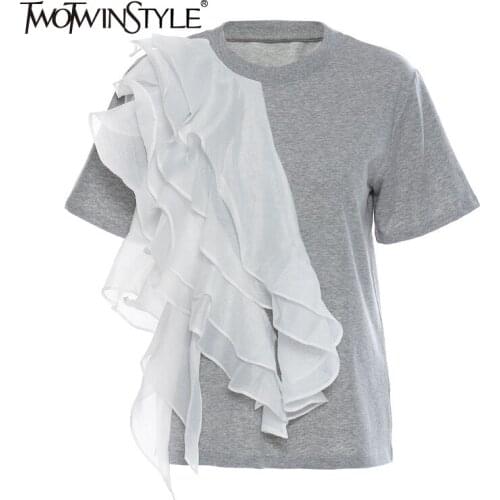 TWOTWINSTYLE Casual Patchwork Ruffle Tops For Women O Neck Short Sleeve Hit Color T Shirt Female Fashion New Clothing 2021 Style