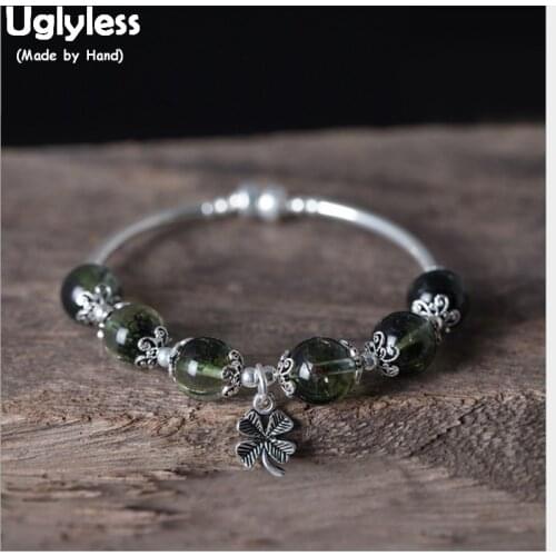 Uglyless 100% Real 925 Sterling Silver Four Clover Charms Bangles for Women Crystal Balls Beading Bracelet Elastic Rope Jewelry