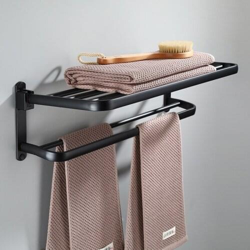 Bathroom Towel Rack Space Aluminum Black Foldable Bath Towel Holder Folding Bath Shelves Towel Rail