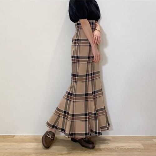 Chic High Waist Vintage Plaid Trumpet Long Skirts Japanese Office Lady Elegant Slim Mermaid Faldas Mujer Fashion All-match Jupe