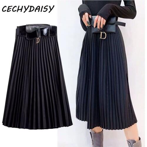 Pleated Skirt Women Runway 2020 Winter Sashes Elegant Casual Solid High Waist Vintage Black Long Skirt Clothes Fahion jupe femme