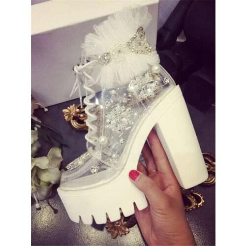 Ladies Beautiful Round Toe Rhinestones PVC Lace-up Short White Boots Lace Beaded Transparent Platform Chunky Heel Ankle Booties