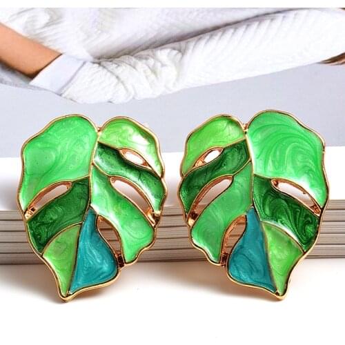BOHO Trendy Plant Metal Green Color Leaf Women Stud Earrings Statement Beach Wedding Jewelry Brincos Accessories