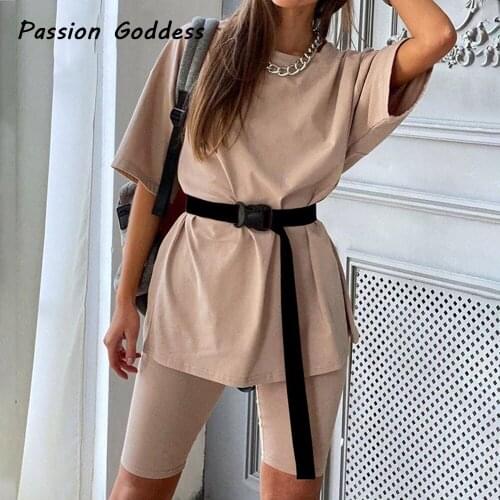 Women 2 Piece Leisure Khaki Suits Oversized T Shirts Slim Five Leggings Biker Shorts Set with Belt Joggers Two Piece Set Outfits