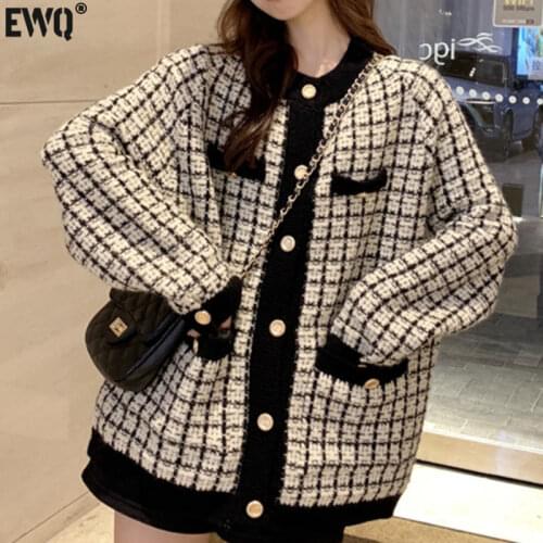 [EWQ] Autumn 2020 New Sweater Coat Retro Shirt Check Long Sleeve Single Breasted Plaid Loose Knit Cardigan Tide Ladies QB321