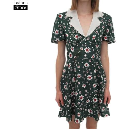 Summer Printing Splice Mini Dress Women V-Neck Ruffle Sleeve Slim Vintage Flowers Beaded Dresses Loose Plus Size Clothes Female