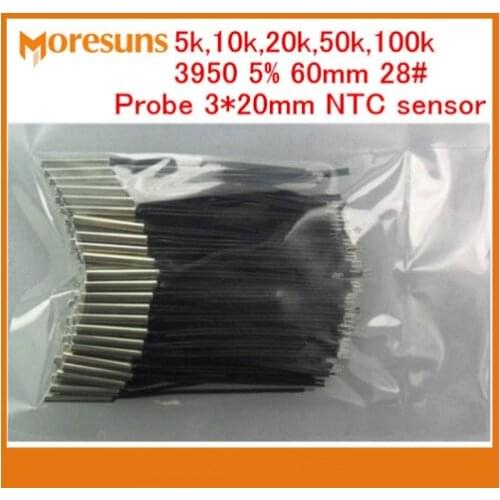 Fast Free Ship 10pcs/lot NTC Thermistor Temperature Sensor 5k,10k,20k,50k,100k 3950 5% 60mm 28# 3*20 NTC Custom Probe NTC Sensor