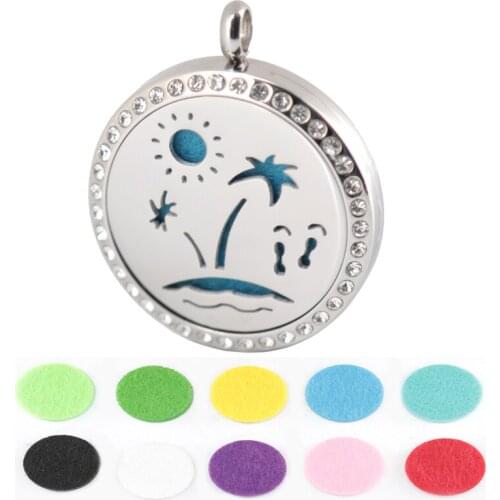 10pcs 30mm crystal travel and beach Aromatherapy Essential Oil 316 Stainless Steel Perfume Diffuser Locket Necklace with chain