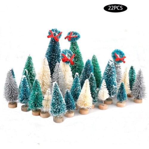 22Pcs Mini Cedar Trees Kit Sisal Snow Frost Trees With Wood Base Bottle Brush Trees Plastic Winter Snow Decoration Desktop Trees
