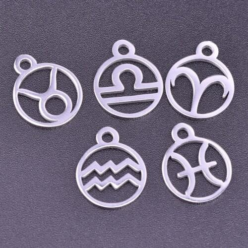 5Pcs/Lot Stainless Steel Mirror Polish Round Zodiac Charms 12 Constellations Pendant For Necklaces Choker Making Jewelry