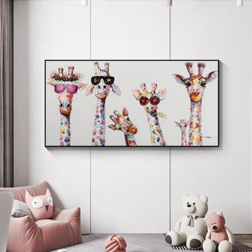 Abstract Graffiti Cartoon Giraffe Family Oil Painting Animal Posters and Prints Art Canvas Pictures for Kids Room Home Decor