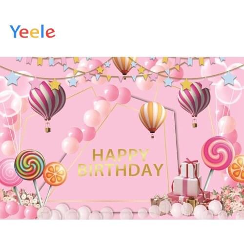 Yeele Baby Girl Birthday Party Pink Photo Background Cartoon Balloon Gift Lollipop Custom Photography Backdrop For Photo Studio