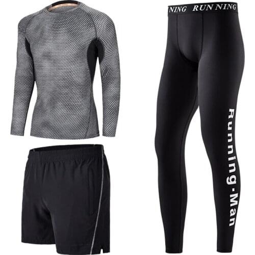 Fitness Suit Mens Three - Piece Long - Sleeve Running Tights Breathable Fast - Dry Training Clothes Outdoor Sportswear
