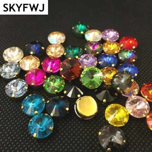 Rich Colors Sew On Crystal Rivoli Rhinestones In Gold Claw Setting 6,8,10,12,14,16,18mm Round Sew On Stone Dress Making