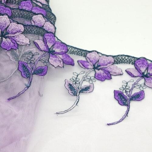 1Meter 17.5 CM Wide Flowers Embroidered Lace Trim Purple Soft Mesh Fabric For Lingerie Underwear Dolls Dress Bra Decor Handmade