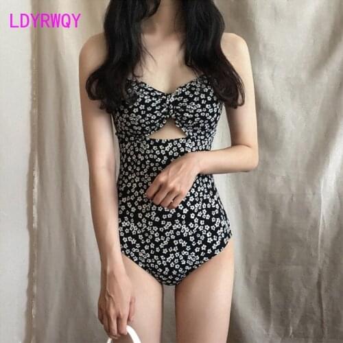 LDYRWQY 2021 South Koreas new retro floral temperament sexy one-piece halter fashion cover belly bikini swimsuit