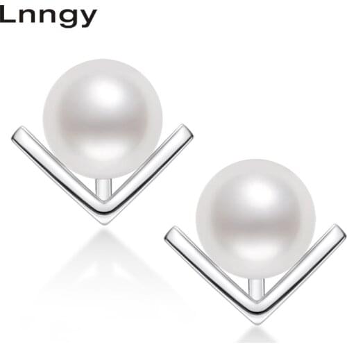 Lnngy 925 Sterling Silver Stud Earring 7-7.5mm Natural Freshwater Pearl Jewelry Simple Stud Earrings for Lady Pearl Stud Earring