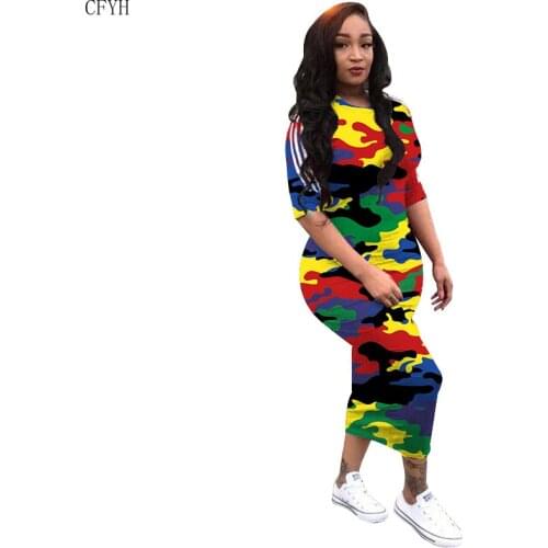 Fashion Camouflage Long Dress for Lady Summer O Neck Half Sleeve Casual Ankle Length Pencil Dress
