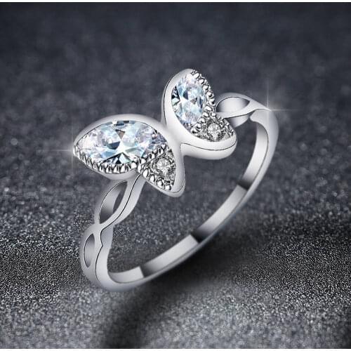 Fashion Zircon Silver Color Butterfly Ring Womens Cocktail Party Ring Wedding Engagement Ring Womens Jewelry Gift
