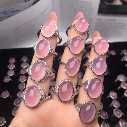 MOONROCY Chalcedony Rings Silver Color Oval Opal Vintage Pink Ring for Women Female Christma Gift Dropshipping Jewelry Wholesale