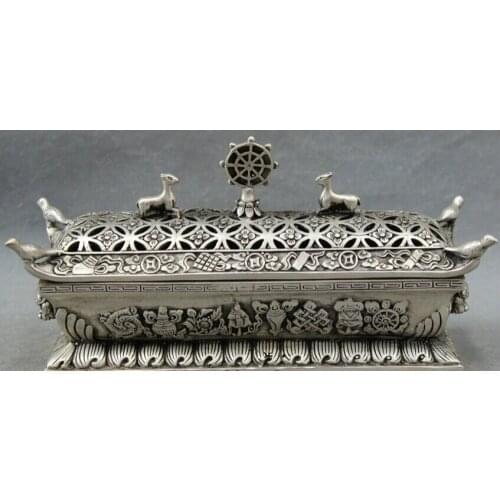 Song voge gem S2579 9" Folk Chinese Silver Buddhism 8 Auspicious Symbol Statue Incense Burner Censer