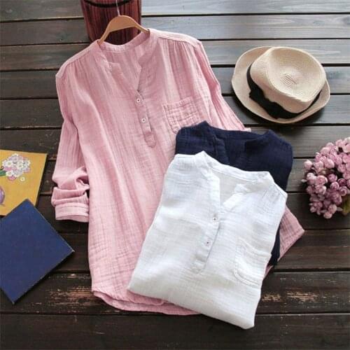 S-5XL Plus Size Shirts Women Cotton Linen Blouses Solid Color V Neck Long Sleeve Buttons Pockets Shirts blusas de mujer 2021