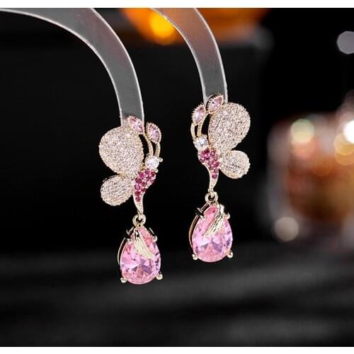 Cute Butterfly Drop Earrings for Women Luxury Zircon Long Earring Blue Pink Teardrop Dangle Earrings Wedding Jewelry Brincos