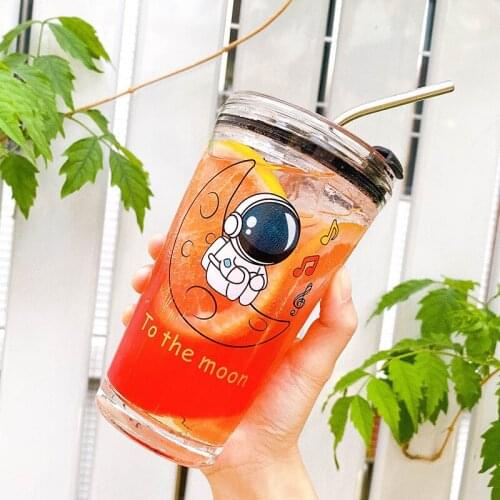 Water cup summer glass glass with scale household cute straw space cup with sealed lid ins wind juice cup