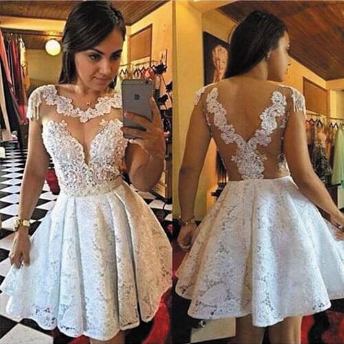 SuperKimJo Abiti Da Cocktail Lace Applique White Prom Dresses Short Beaded Elegant Prom Gown Vestido De Gradiacion