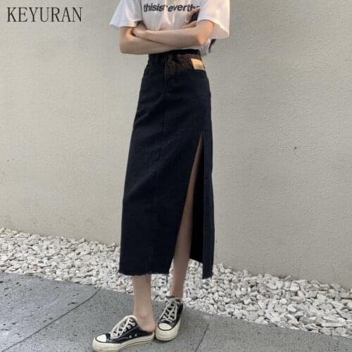 Korea Hem Single Slits Zipper A-Line Womens Summer Demin Skirt Large Size Streetwear Casual Skirts with High Waist Young Style