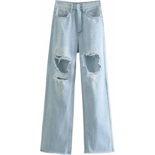 ZA Women Ripped Jeans High Waisted 2021 Summer Streetwear Baggy Wide Leg Light Blue Harajuku Straight denim Pants Hole Trousers