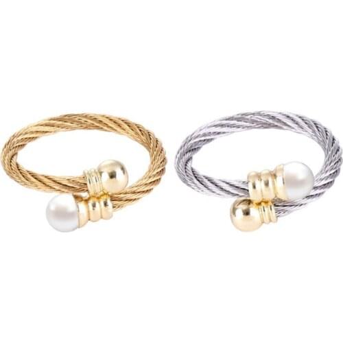 Chran Exquisite Silver Plated Shell Pearl Rings for Women Fashion Elastic Stainless Steel Cable Finger Ring