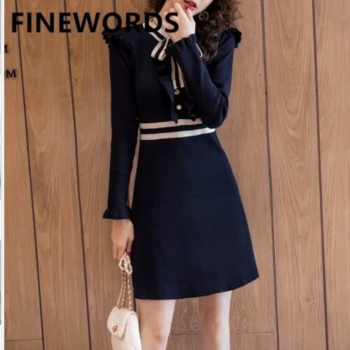 FINEWORDS Winter Black Janpan Harajuku Dress Bow Tie Gentlewomen Knitted Elegant Dress Casual Vintage A Line Midi Knitting Dress
