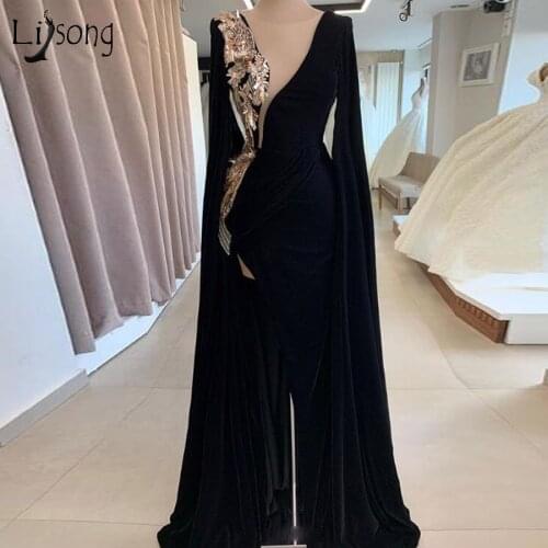 Abendkleider 2020 Black Velour Mermaid Evening Dresses Long Full Sleeves Delicate Beaded Sequined Flower Split Sexy Prom Gowns